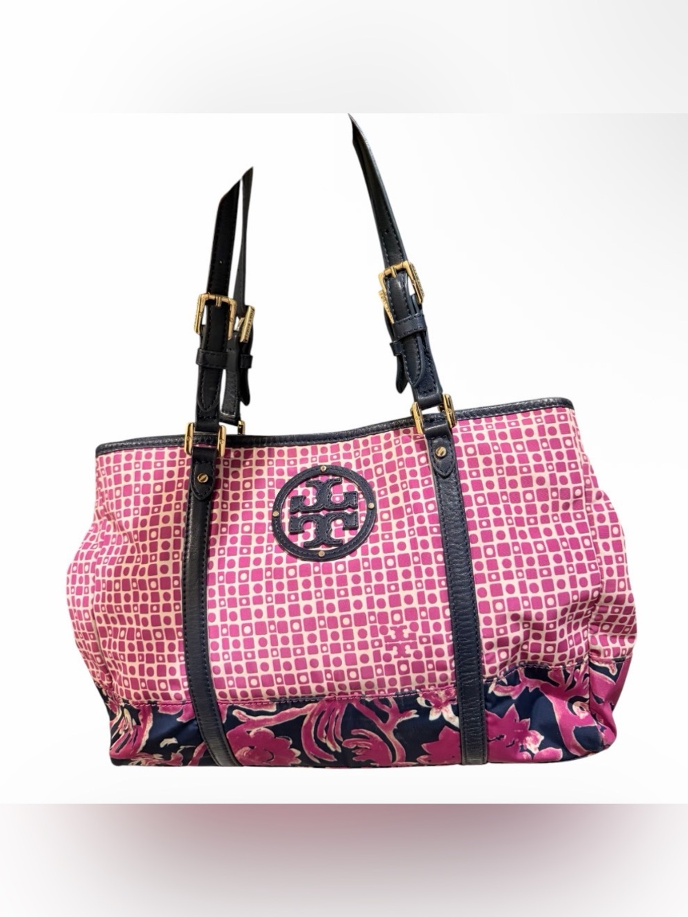 Tory Burch Pink Floral and Navy Shoulder Satchel- Preowned